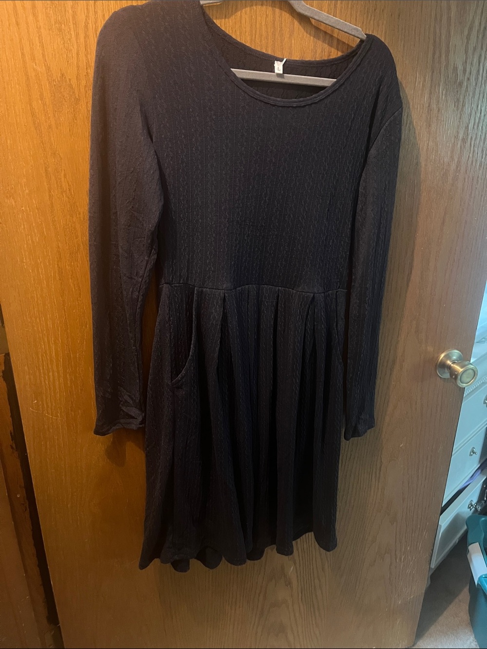 Long-Sleeve Blue Knit Pocket Dress